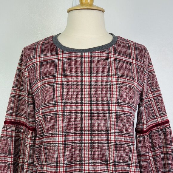 Hem & Thread 141204 Lantern Sleeve Plaid Elevated Sweatshirt Style Top Size M - Picture 2 of 12